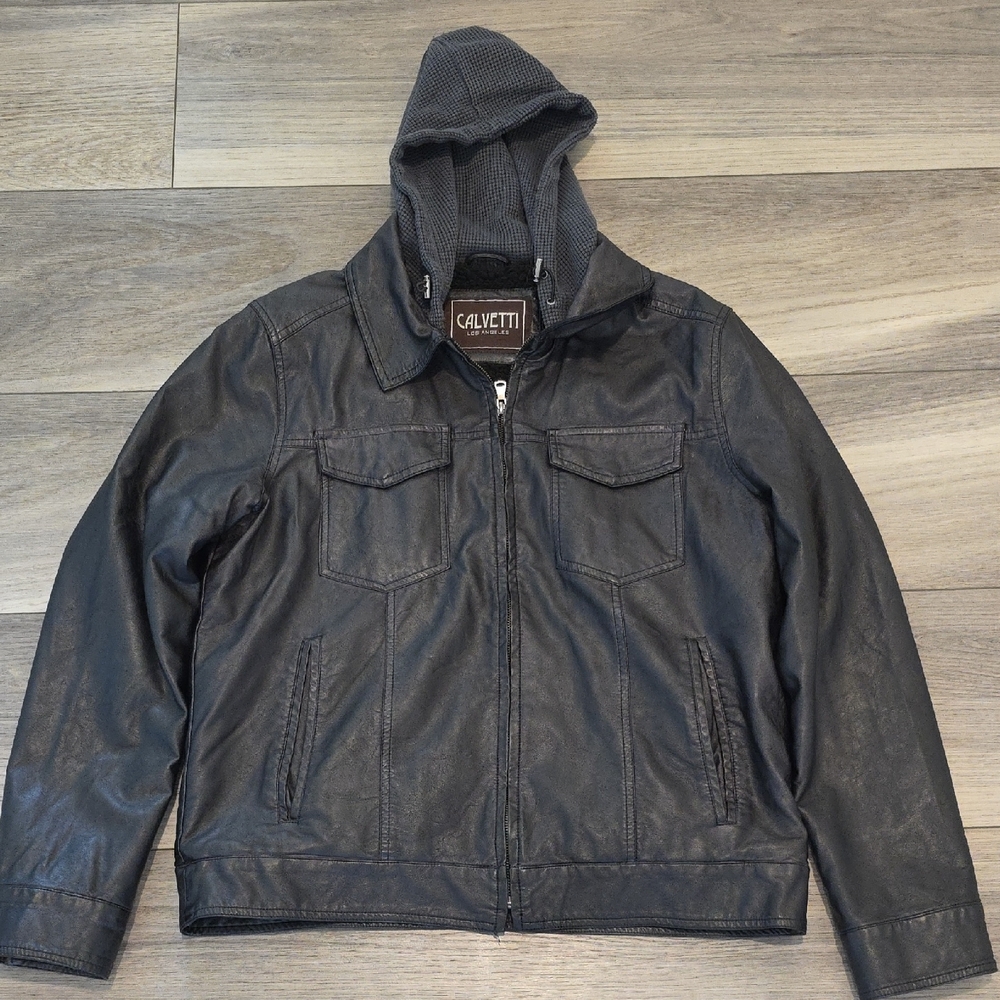 Black Bomber Jacket with Hood and Textured Fabric